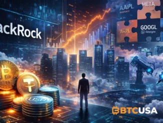 Cinematic illustration of BlackRock macro outlook themes with AI infrastructure, stablecoins and market concentration