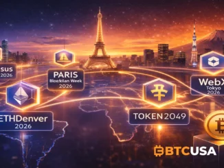 Futuristic illustration of major global blockchain conferences in 2026 connecting Asia, Europe and the United States in the Web3 ecosystem