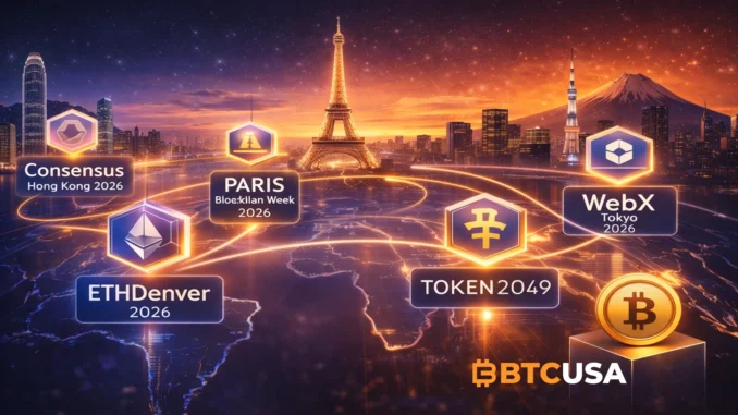 Futuristic illustration of major global blockchain conferences in 2026 connecting Asia, Europe and the United States in the Web3 ecosystem