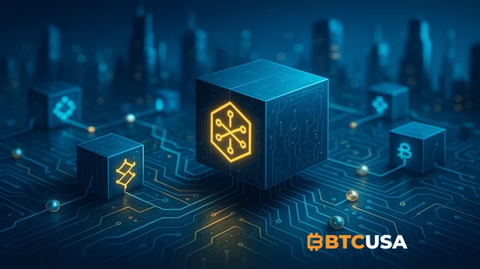 Illustration representing a core blockchain network with interconnected nodes, data blocks, and secure infrastructure.