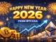 New Year 2026 illustration with Bitcoin imagery, representing BTCUSA’s holiday greeting and outlook for the crypto market.