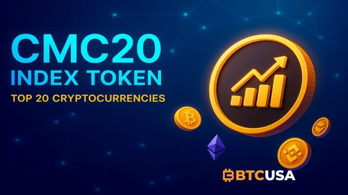 Illustration showing the CMC20 crypto index highlighting top digital assets by market performance.
