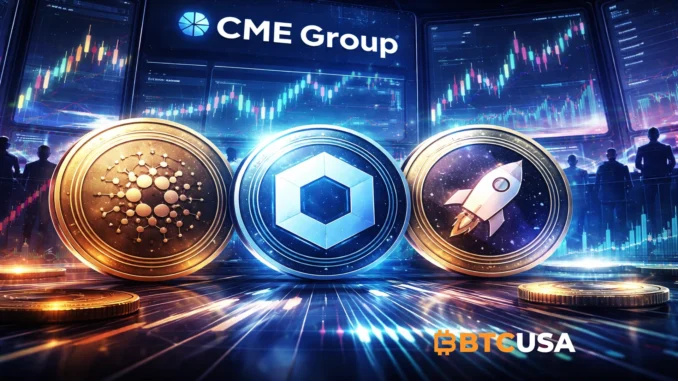 CME Group futures illustration featuring Cardano, Chainlink, and Stellar tokens, representing institutional crypto derivatives trading.