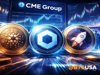 Institutional trading screen showing CME futures launch for ADA, LINK and XLM
