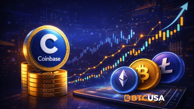 Coinbase stock illustration with upward chart and crypto symbols, representing analysis and price outlook for Coinbase shares.