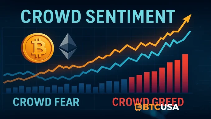 Crowd sentiment chart illustration showing market emotions, representing fear and greed dynamics in crypto markets.
