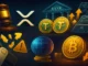 Illustration summarizing major crypto business headlines, featuring Tether, Ripple, Ledger, and Worldcoin symbols in a global finance layout.