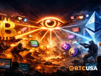 Cyberpunk-style illustration showing cryptocurrencies competing for attention, with digital screens, social media symbols and futuristic market visuals representing the battle for influence in crypto markets