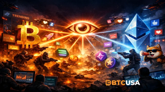 Cyberpunk-style illustration showing cryptocurrencies competing for attention, with digital screens, social media symbols and futuristic market visuals representing the battle for influence in crypto markets