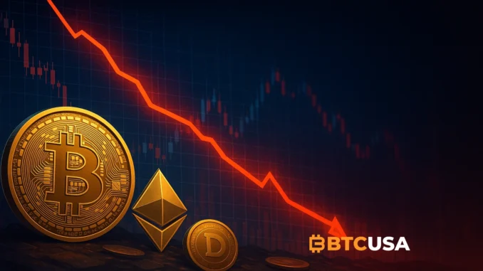 Illustration showing a sharp crypto market drop with declining prices across major assets.