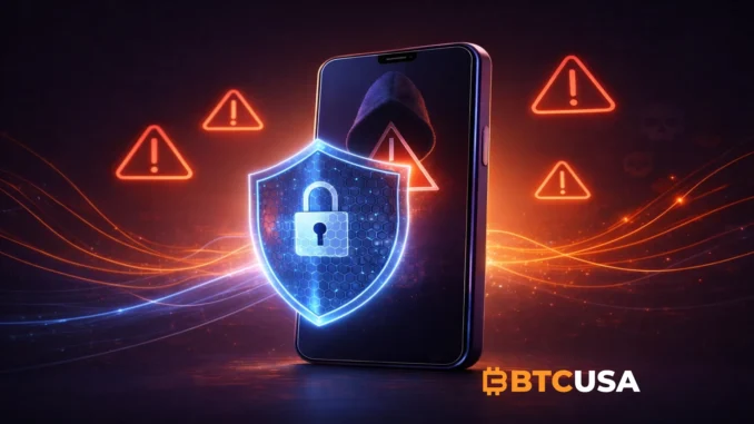 crypto_scam_prevention_1920x1080 Minimalist illustration of a smartphone being protected by a digital shield against abstract cyber threats.