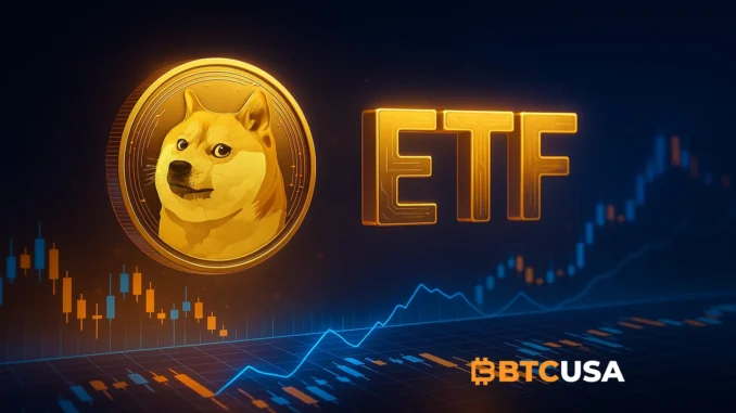 Illustration representing a potential Dogecoin ETF listing and related market expectations.