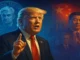 Illustration depicting Donald Trump in a political setting with financial symbols, representing discussions around Federal Reserve policy.