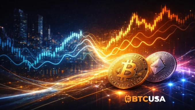earnings_crypto_image_1_1920x1080 Cinematic illustration showing subtle connection between U.S. stock market performance and cryptocurrency price dynamics.