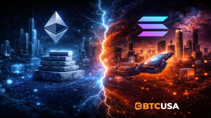 Conceptual illustration of Ethereum and Solana representing two different blockchain development philosophies