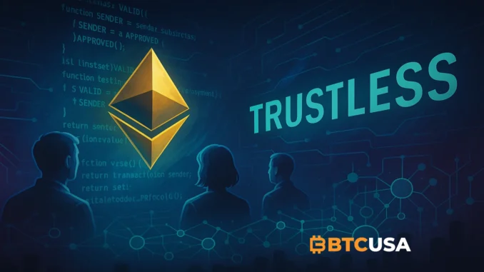 Illustration representing Ethereum’s trustless philosophy and decentralized blockchain principles.