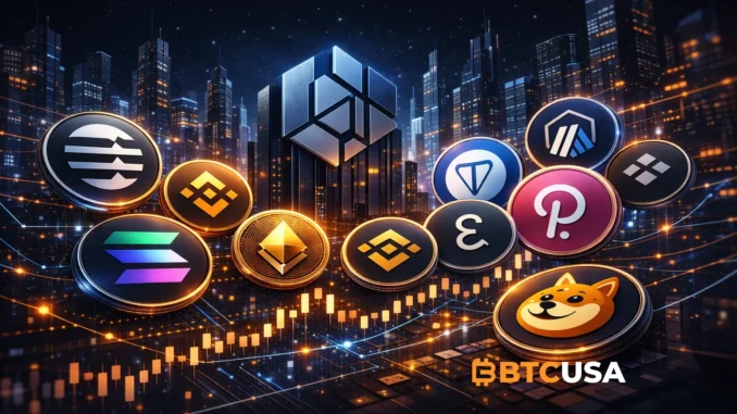 Institutional crypto portfolio visualization featuring Grayscale style asset diversification across blockchain sectors