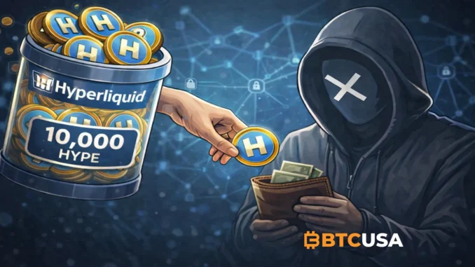 Illustration depicting Hyperliquid donating 10,000 HYPE tokens to on-chain investigator ZachXBT, with HYPE coins, a donation container, and an anonymous figure symbolizing blockchain transparency and community funding