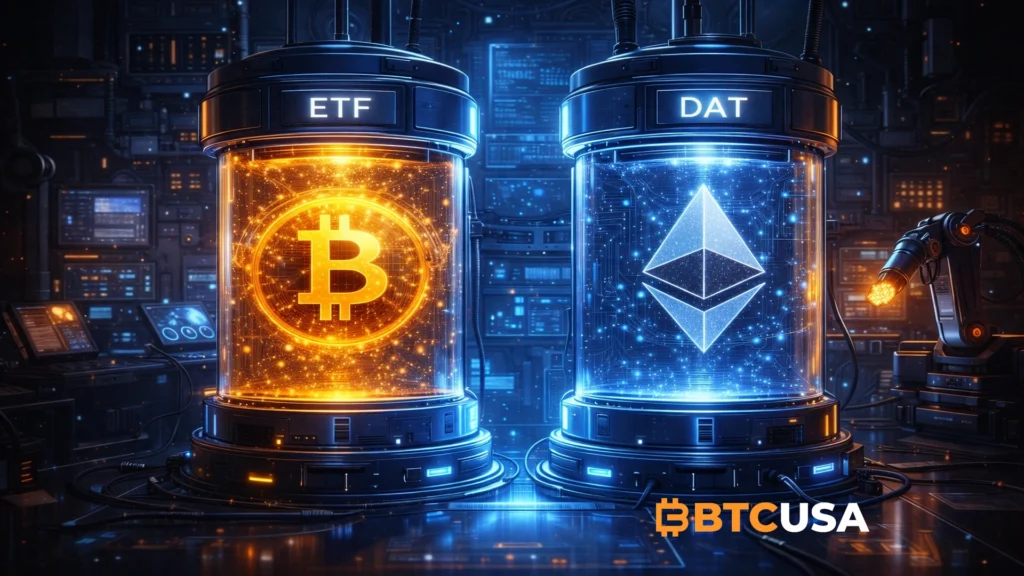 Futuristic laboratory scene representing ETF-driven crypto market research and selective altcoin growth in 2026