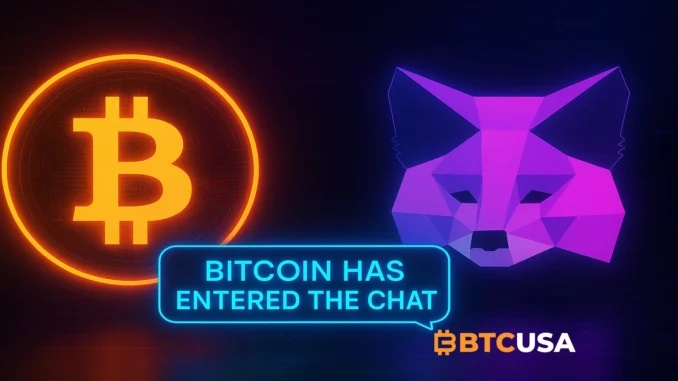 MetaMask fox illustration with Bitcoin symbol, representing wallet integration and access to Bitcoin through MetaMask.