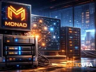 Futuristic illustration of a Monad full node running on high-performance blockchain server infrastructure