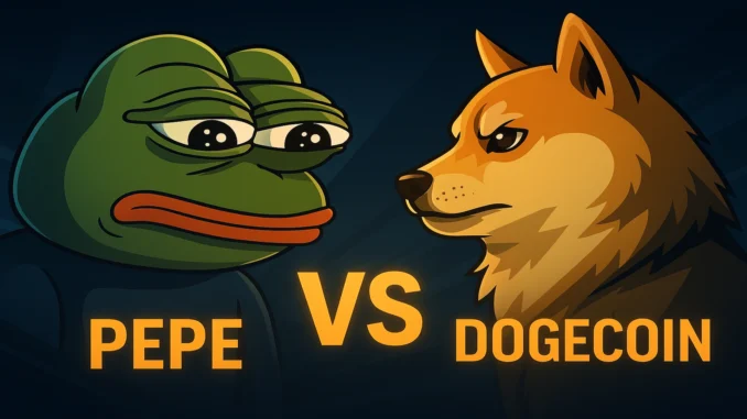Illustration depicting the rivalry between Pepe and Dogecoin, symbolizing competition for meme coin dominance.