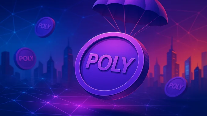 Illustration depicting POLY token airdrop distribution with digital tokens and network effects.
