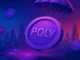 Illustration depicting POLY token airdrop distribution with digital tokens and network effects.