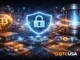 Blockchain security illustration with a digital shield and network nodes, representing post-quantum cryptography and future blockchain protection.