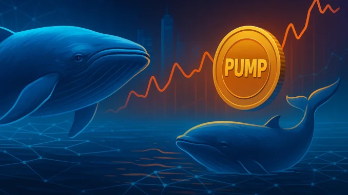 Illustration representing whale-driven pump activity with on-chain analysis and price spikes.