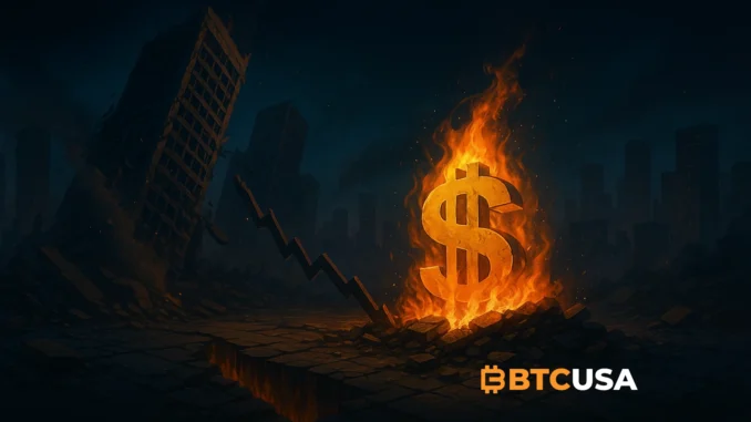 Burning US dollar symbol emerging from cracked ground in a dark cityscape, with collapsing buildings and a downward market line, symbolizing stress in the global financial and fiat monetary system.