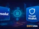 Digital wallet security illustration with Revolut and Trust Wallet branding, representing crypto custody and wallet trust solutions.