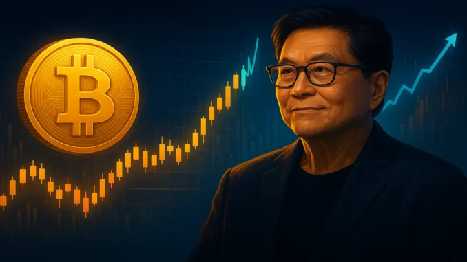 Illustration depicting Robert Kiyosaki alongside a rising Bitcoin price chart, reflecting bullish long-term price expectations.