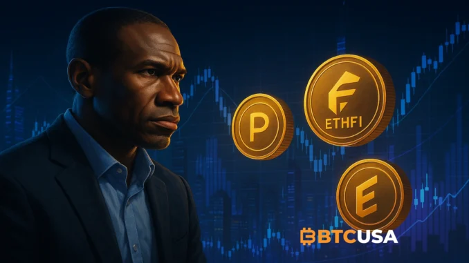 Portrait illustration of Arthur Hayes with altcoin symbols and charts, representing commentary on altcoin accumulation strategies.