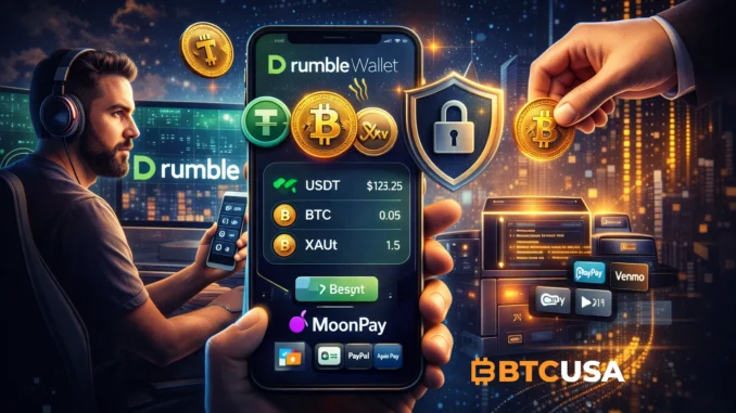 Crypto wallet interface illustration featuring stablecoins and digital assets, representing collaboration between Rumble and Tether on crypto wallet development.