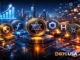 DeFi and blockchain illustration representing Santiment developer activity rankings and on-chain development metrics.