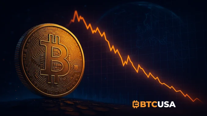 Illustration showing a sharp Bitcoin drawdown scenario tied to large unrealized losses.