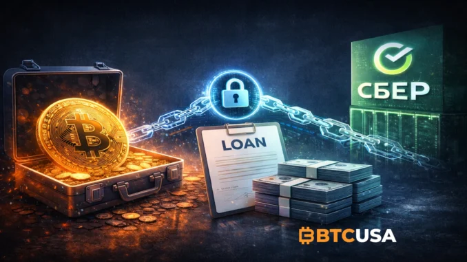 Banking and crypto illustration showing a secured loan concept, representing Sberbank-related discussions around crypto-backed lending.