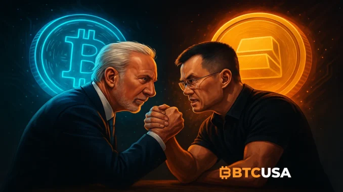 Illustration showing Peter Schiff and Changpeng Zhao in a debate, representing opposing views on Bitcoin, gold, and cryptocurrency economics.