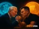 Illustration showing Peter Schiff and Changpeng Zhao in a debate, representing opposing views on Bitcoin, gold, and cryptocurrency economics.