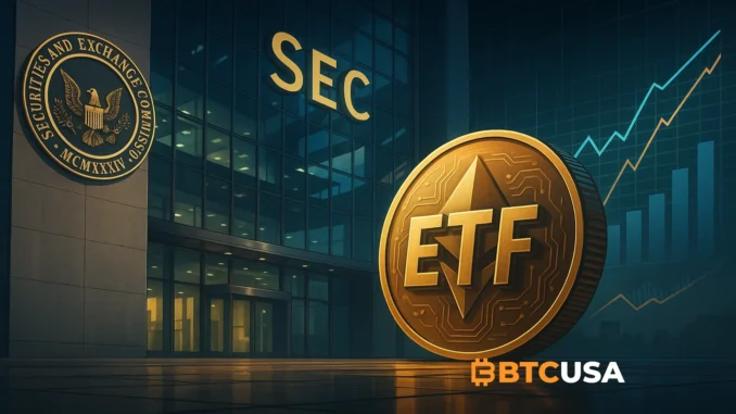 Illustration showing a crypto ETF symbol near the SEC building, representing regulatory guidance and oversight of cryptocurrency exchange-traded funds.