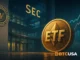 Illustration showing a crypto ETF symbol near the SEC building, representing regulatory guidance and oversight of cryptocurrency exchange-traded funds.