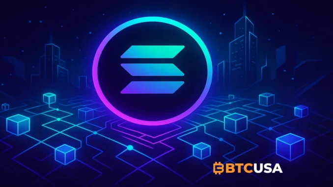 Solana logo illustration on a digital network background, representing the Solana blockchain ecosystem.