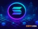 Solana logo illustration on a digital network background, representing the Solana blockchain ecosystem.