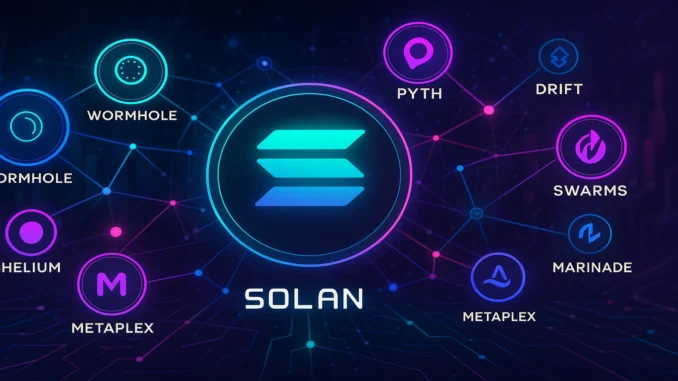 Illustration depicting Solana logo surrounded by connected apps, representing the Solana ecosystem of projects.