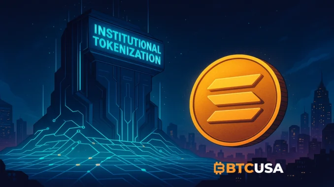 Solana tokenization illustration with digital assets and network graphics, representing asset tokenization on the Solana blockchain.