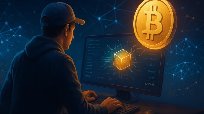 Illustration showing a solo Bitcoin miner discovering a block with mining setup and BTC reward.
