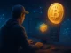 Illustration showing a solo Bitcoin miner discovering a block with mining setup and BTC reward.
