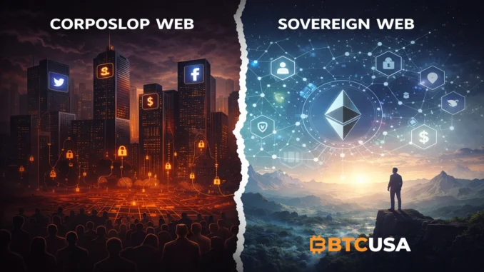 Contrasting illustration of sovereign power versus corporate systems in a digital economy, representing tension between state control and corporate influence in crypto and finance.