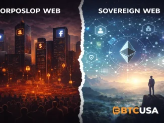 Minimalist split-scene showing a dark corporate web contrasted with a calm decentralized sovereign network, symbolizing the future of digital freedom.